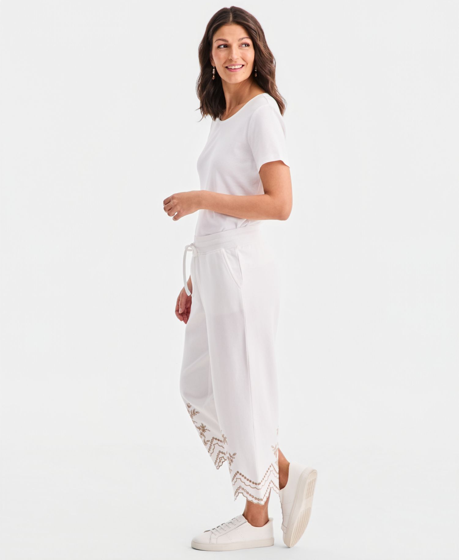 Petite Trim Eyelet Wide-Leg Knit Pants