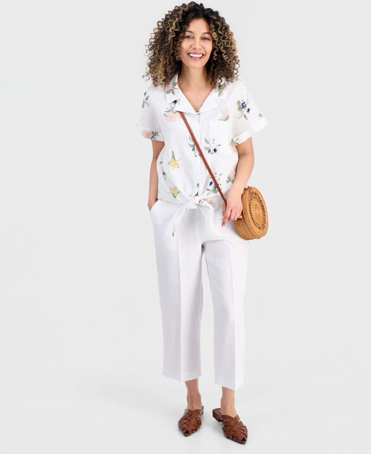 Charter Club Petite Linen Darling Floral Tie-Hem Camp Shirt, Macy's Exclusive
