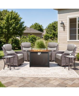 Crescent Brown Wicker Fire Pit Conversation Set with Olefin 6 In. Thick Cushions Patio Swivel Chairs (7-Piece)