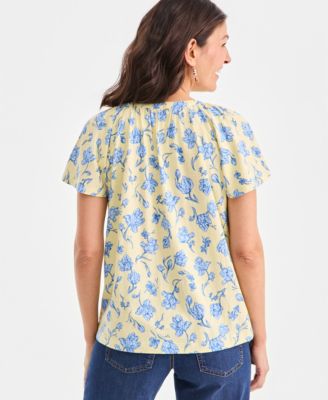 Women's Printed Flutter-Sleeve Button-Front Top
