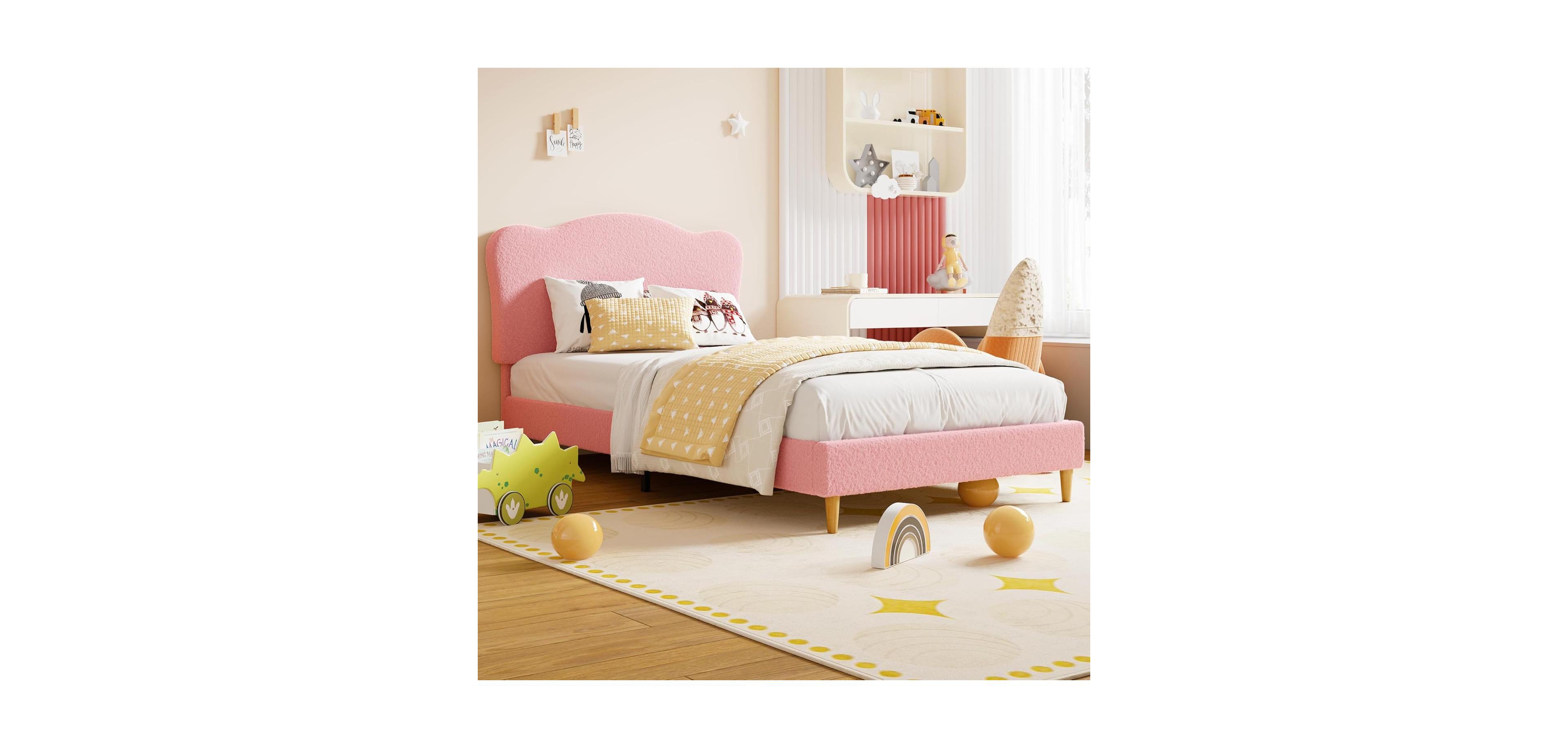 gaomon Twin Kids Velvet Bed Frame with Scallop Headboard, Upholstered Platform, Wood Slats