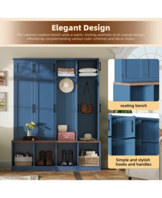 Farmhouse Hall Tree with Hidden Hooks and Walnut Seating Bench