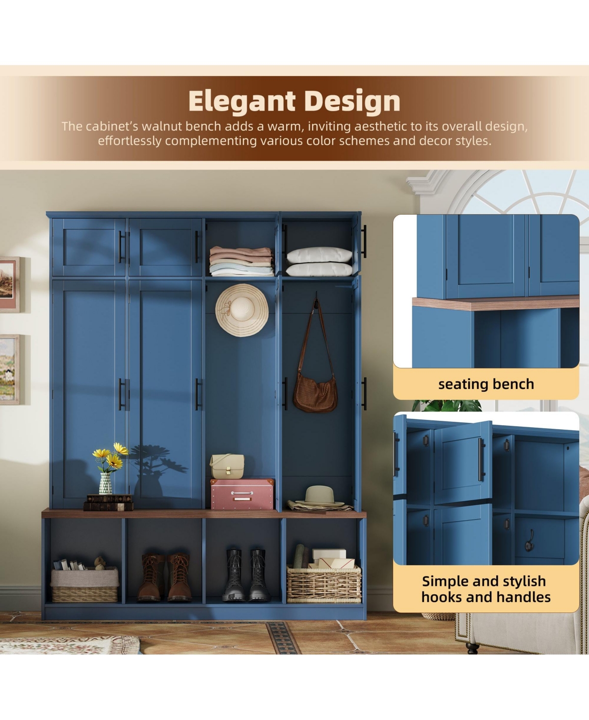 Boyel Living Farmhouse Hall Tree with Hidden Hooks and Walnut Seating Bench