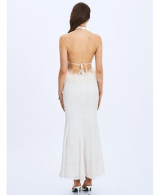 Women Solene Pleated Halter Backless Feather-Trim Maxi Dress