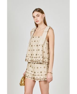 Women's Bow Sleeveless Beaded Top