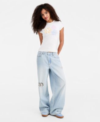 Juniors' Lace-Trim Destructed Elastic-Back Jeans