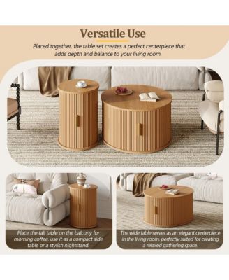Coffee Table Set with Sliding Tambour Door and Round Fluted End Table for Living Room
