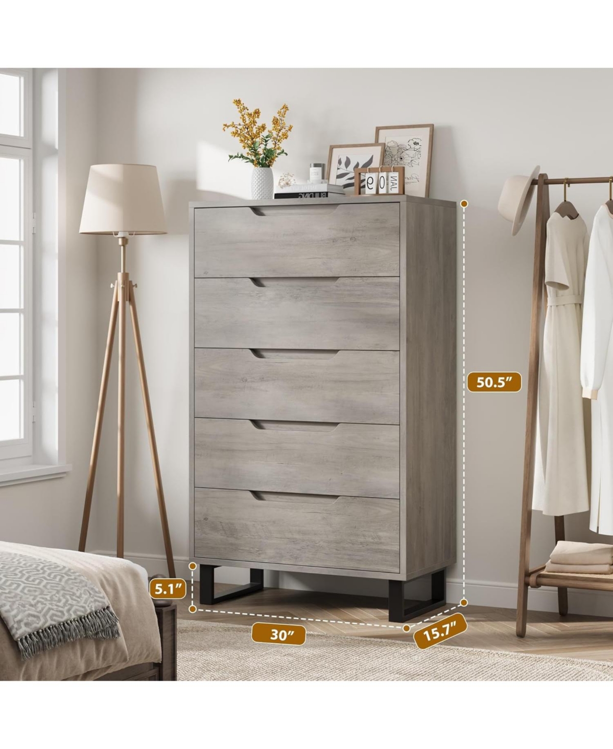 gaomon 5 Dresser for Bedroom, 50.5" Tall Dresser, Freestanding Horizontal Drawer with Storage, Wooden Closet Chest Storage Living Room