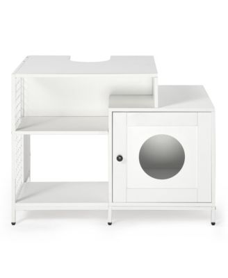 Bathroom Sink Cabinet Cat Litter Box Enclosure with Divider and Storage Shelves, White