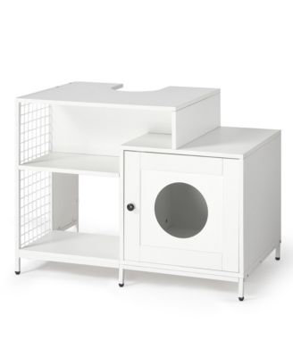 Bathroom Sink Cabinet Cat Litter Box Enclosure with Divider and Storage Shelves, White