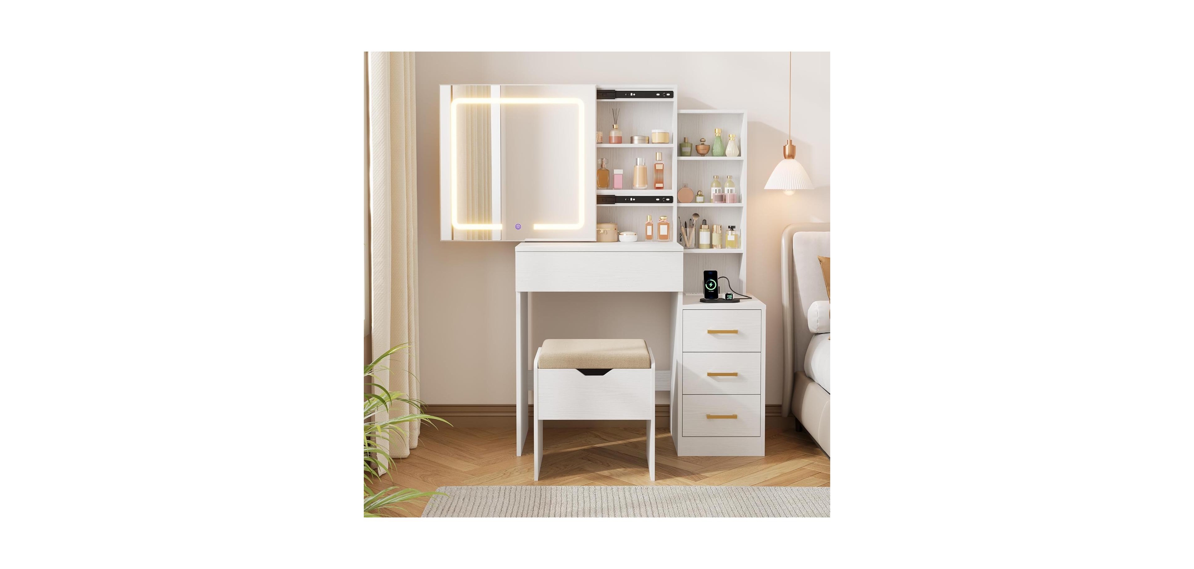 Gaomon Vanity Desk with Sliding Lighted Mirror, 4 Drawers, Stool & 3 Light Modes
