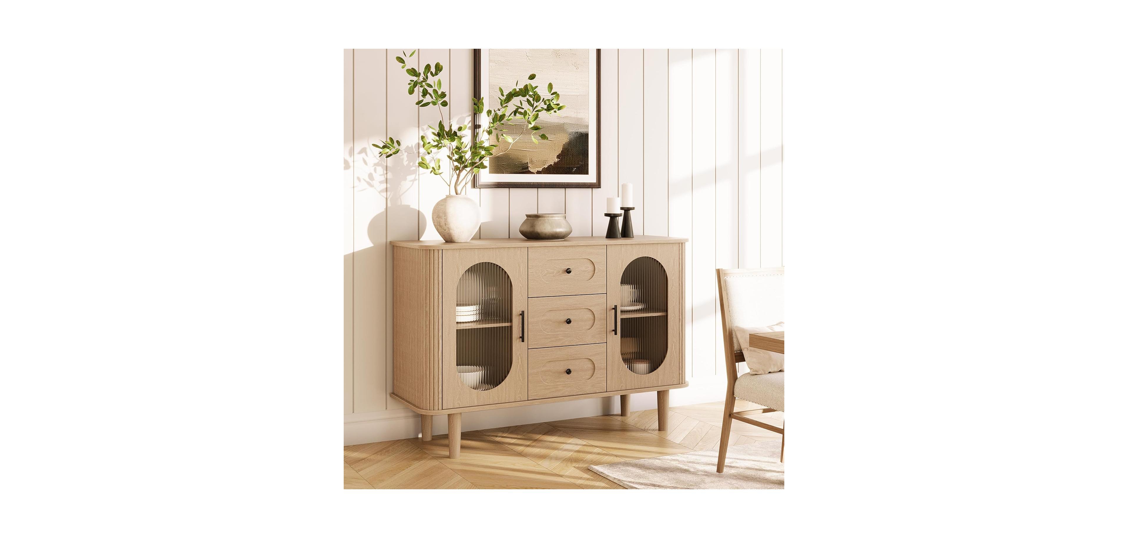 Gaomon 47" Sideboard Buffet Cabinet with Fluted Glass Doors & 3 Drawers