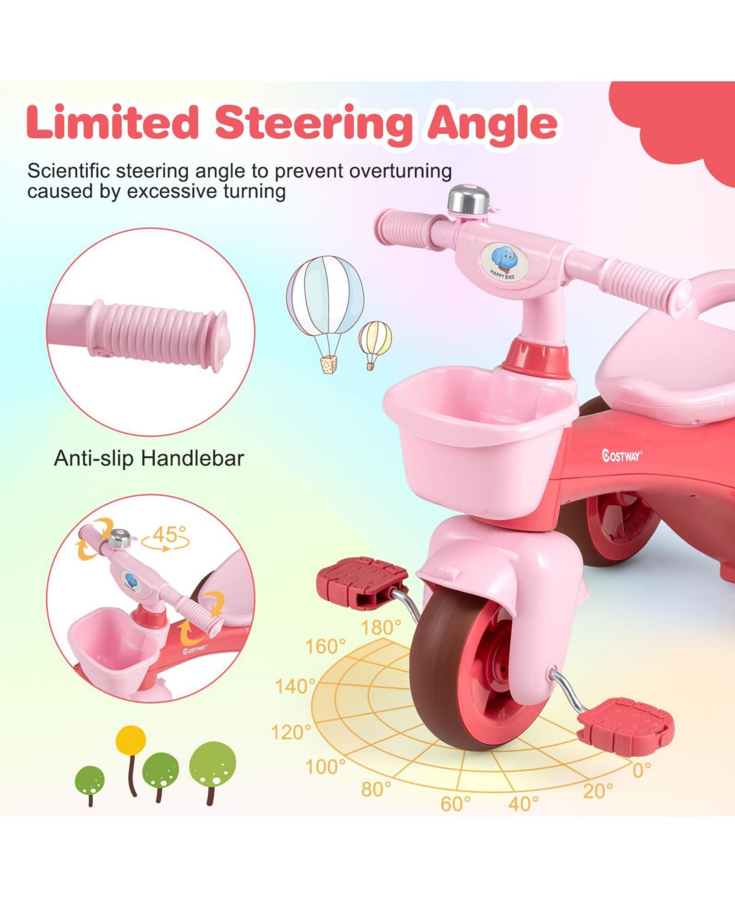 Детская игрушка Mecale Toddler Tricycle with Limited Steering, Front Storage Baskets & Bell, Ages 3–5, цвет: Розовый — фото 5