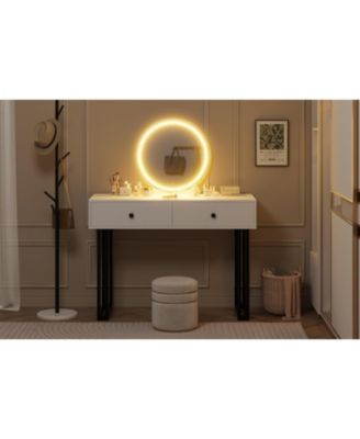 Vanity Desk with Mirror & 3-Color LED Lights, Modern Design with Storage