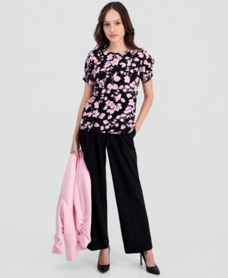Petite Floral-Print Gathered-Sleeve Top
