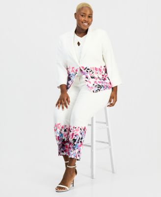 Plus Size Floral-Trim Two-Button Jacket & Straight-Leg Ankle Pants