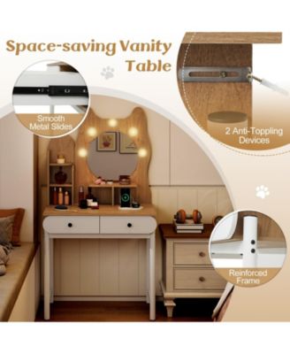 Small Kitty Vanity Desk with Lighted Mirror and Power Outlets, Makeup Table