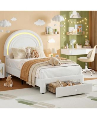 Twin LED Bed Frame with Storage Drawer, Rainbow Headboard, Fleece Princess Platform for Kids, Wood Slats, No Box Spring