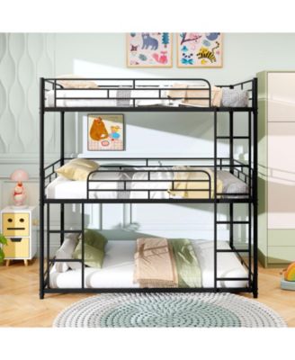 Triple Metal Bunk Bed with Dual Ladders and Safety Rails - 56