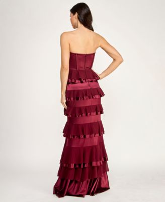 Juniors' Strapless Corset Ruffle Tier Slim Gown