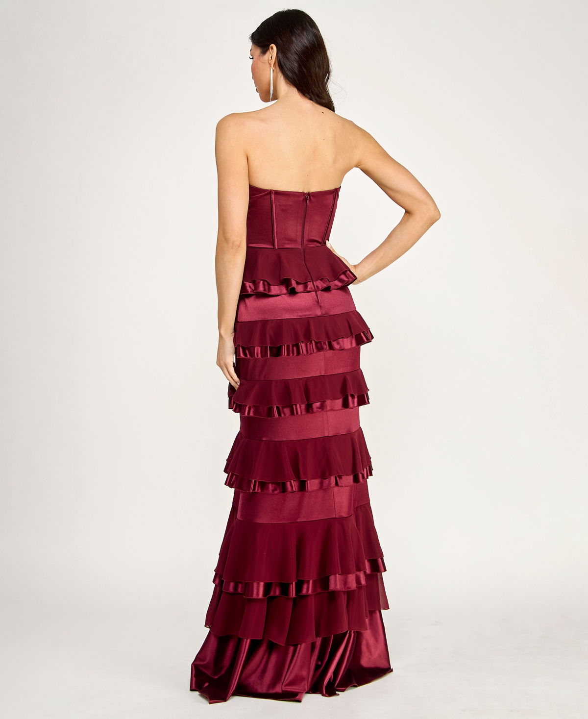 City Studios Juniors' Strapless Corset Ruffle Tier Slim Gown