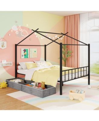 Kids Full Metal House Bed with Roof Frame and Fabric Drawers - 56