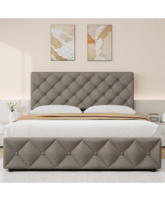  Queen Size Bed Frame with 4 Storage Drawers, Linen Upholstered Platform Bed Frame with Adjustable Headboard, Diamond Stitched Button Tufted