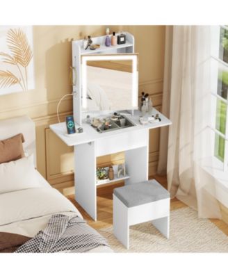 Space-Saving Vanity Desk with Lighted Mirror and Lights, Bedroom Makeup Table