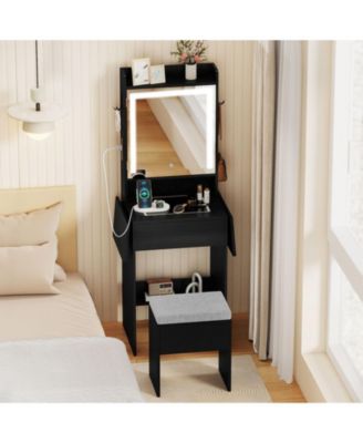 Space-Saving Vanity Desk with Lighted Mirror and Lights, Bedroom Makeup Table