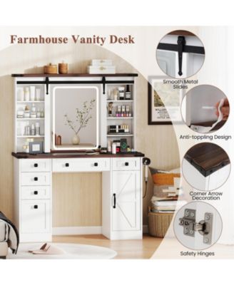 Farmhouse Vanity Desk with Barn-Style Sliding Mirror and 3 Lighting Modes