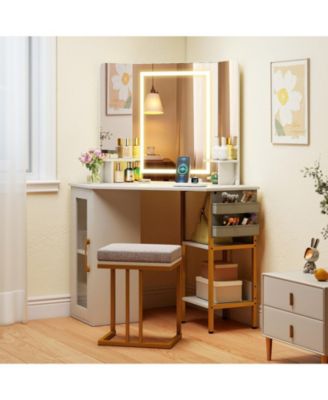 Corner Vanity Desk with Triple Mirror and Lights, Makeup Dressing Table