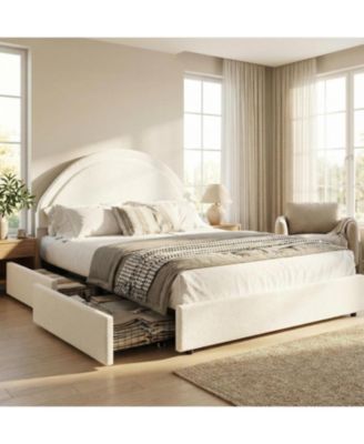 Full Bed Frame with Storage Drawers, Upholstered Boucle Platform, Round Headboard, Heavy-Duty, Noise-Free, No Box Spring, White