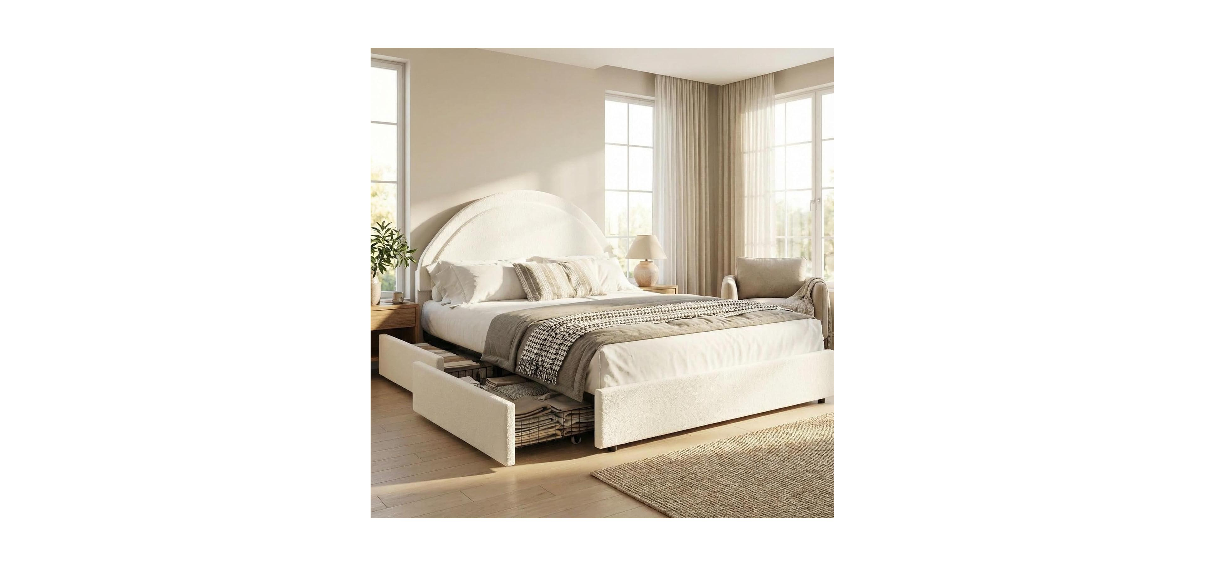 gaomon Full Bed Frame with Storage Drawers, Upholstered Boucle Platform, Round Headboard, Heavy-Duty, Noise-Free, No Box Spring, White