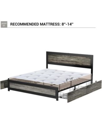 King Bed Frame with Headboard, Industrial Platform, 4 Storage Drawers, Charging Station, Metal Slats, Washed Gray