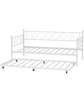 Twin Daybed with Trundle, Heavy-Duty Metal Slats, Upholstered Headboard, Space-Saving, White