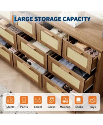 10 Drawers Dresser for Bedroom, Rattan Chest of Drawers with Spacious Tabletop & Handles, Closet Dresser Organizer TV Stand for Living Room,