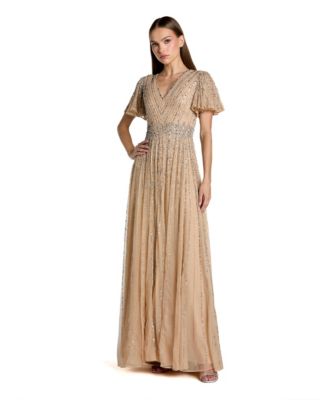 Women's Hand Embellished V-Neck Flutter Sleeve Gown