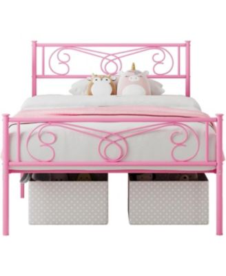 Twin Metal Platform Bed Frame with Headboard and Footboard, Steel Slat Support, Pink