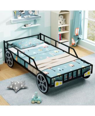 Kids Twin Size Car Bed Frame with Safety Rails and Metal Frame - 42