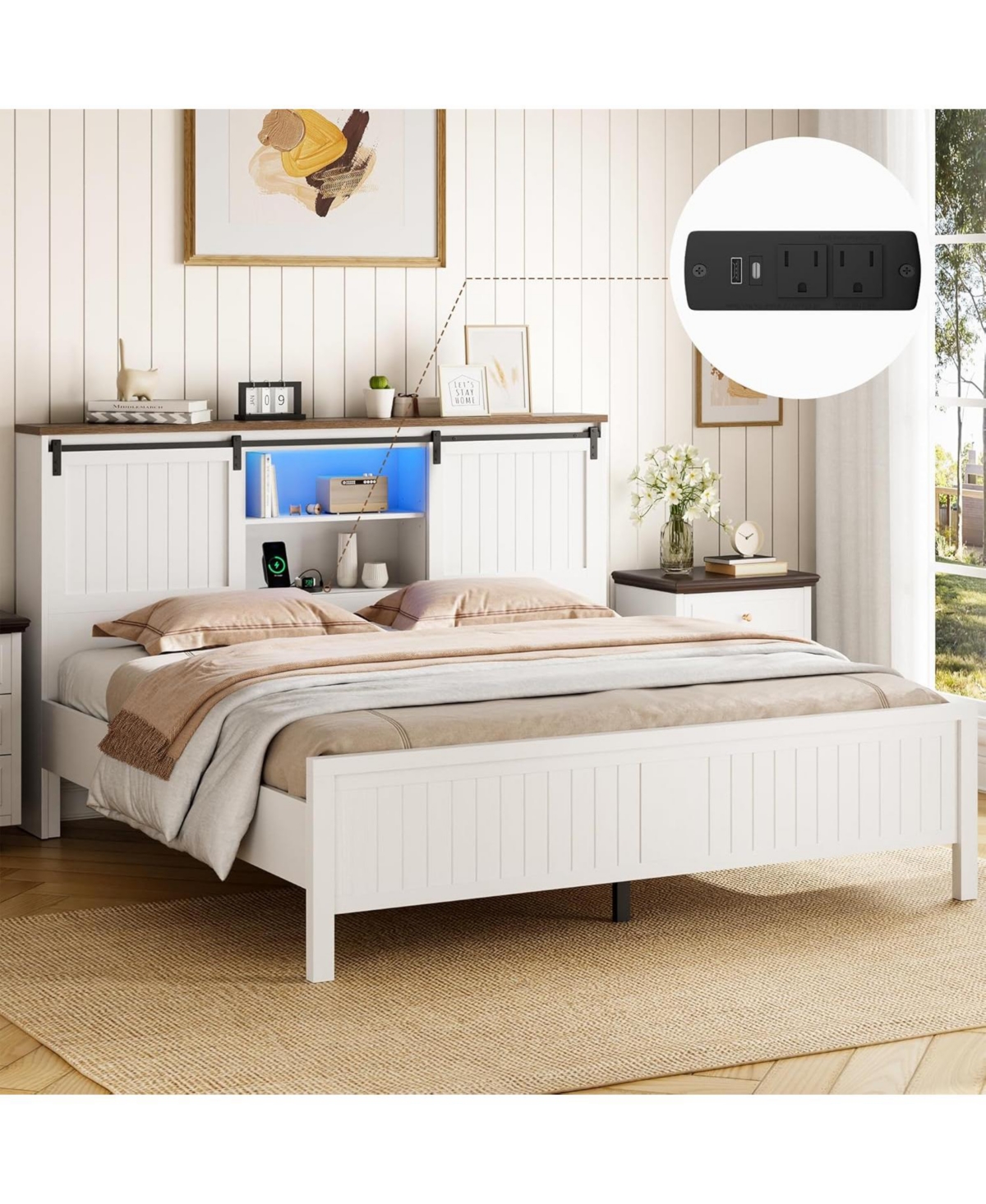 gaomon Farmhouse Bed Frame with Led Lights, Charging Station, Storage Bookcase Headboard, Sliding Barn Door - Queen