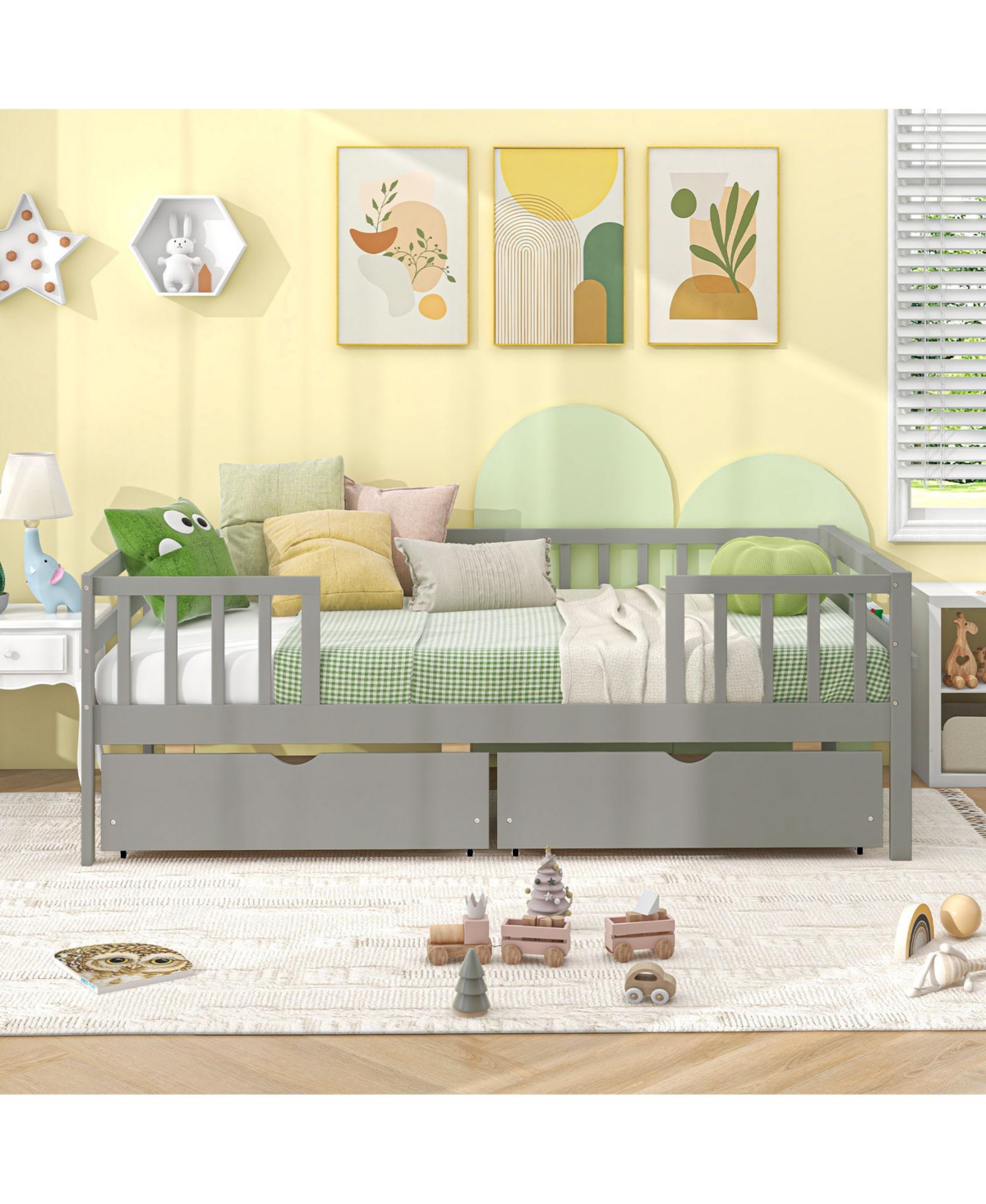 Slickblue Twin Daybed with Fence and 2 Drawers Kids Bed for Boys & Girls-White