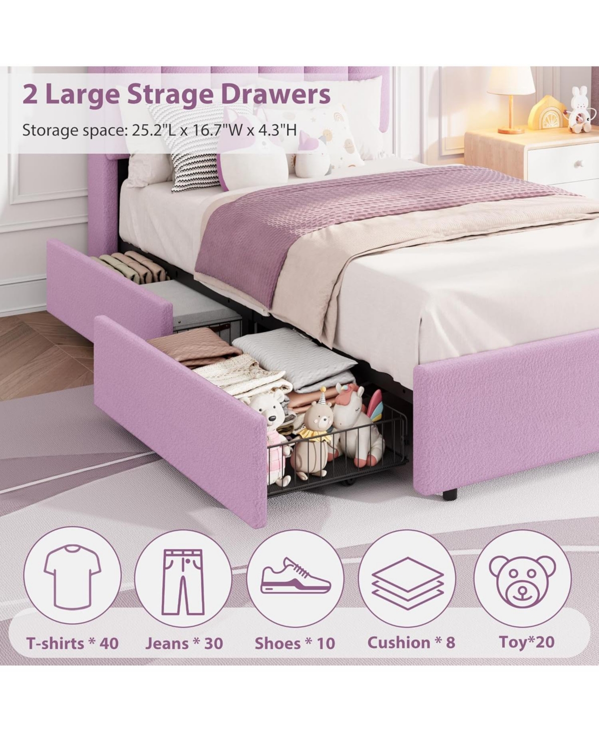 gaomon Boucle Upholstered Platform Bed with Wavy Headboard, Storage Bookcase, 2 Drawers