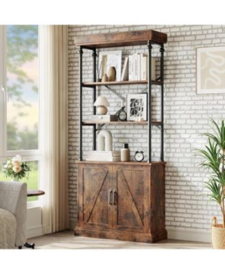 Tall Bookshelf with Doors, Industrial Freestanding Wood & Metal Bookcase, Storage Shelf Organizer for Bedroom and Living Room