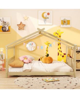 Montessori Full Size Floor Bed with House Frame and Headboard