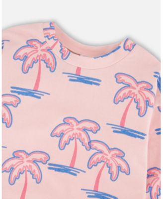 Big Girls French Terry Sweatshirt Light Pink Palm Print