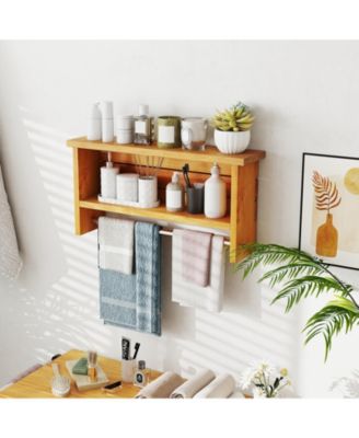 Wall-Mount 2-Tier Solid Teak Wood Bathroom Shelf with Towel Bar