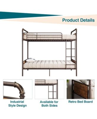 2-in-1 Twin Metal Bunk Bed, Convertible Loft Frame with Guardrails & Ladder, Heavy Duty, Brown