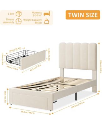 2 Sets Twin Bed Frame with Under-Bed Drawer, Upholstered Platform Bed with Wave Headboard for Kids/Girls, Wooden Slats Support