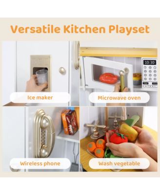 Pretend Play Kitchen Wooden Toy Set for Kids w/Lights & Sounds, Utensils, Oven, Microwave