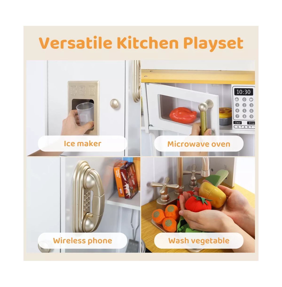 Kinder King Pretend Play Kitchen Wooden Toy Set for Kids w/Lights & Sounds, Utensils, Oven, Microwave